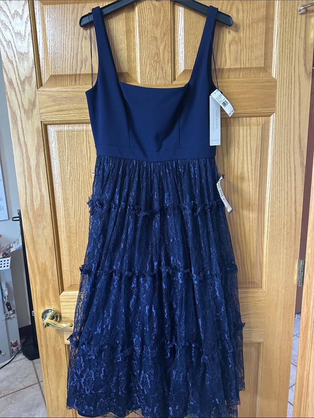 Adrianna Papell Navy Blue Lace Tiered Midi Dress